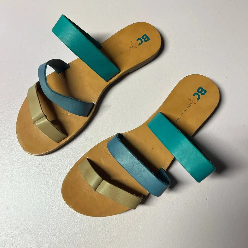 BC Leather Strappy Colorful Slides Sandals Womens 9 Beachy Boho Chic Minimalist